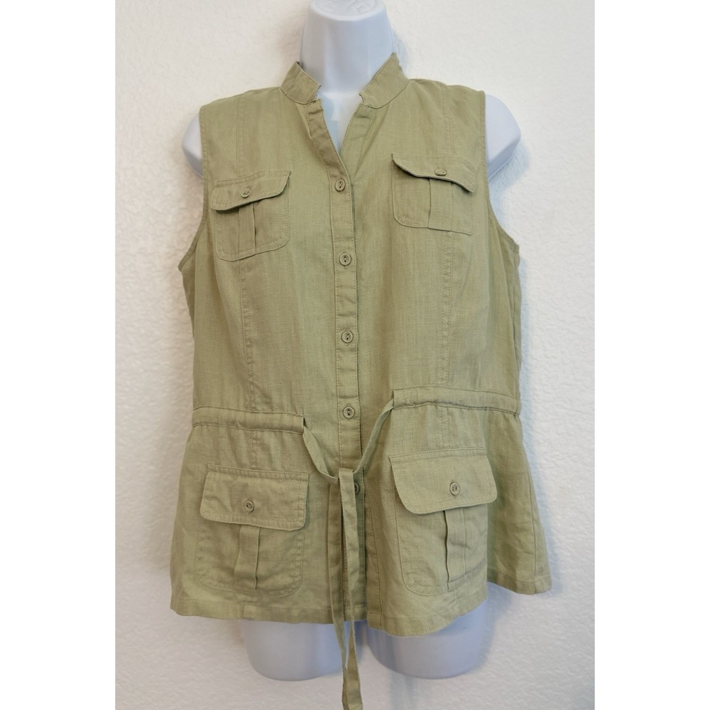 Carol Little Linen Lt. Green Sleeveless Sz: M Chic Cargo Safari Vest Blouse